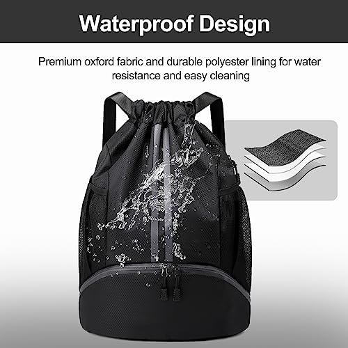 Hoedia Sports Drawstring Backpack - String Swim Gym Bag with Shoes Compartment and Wet Proof Pocket for Women&Men | String Bag with Shoes Compartment and Wet Proof Pocket, Adjustable Wider Shoulder Strap, For Soccer, Basketabll, Volleyball - color: Black,