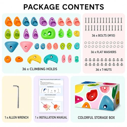 36 Pack Rock Climbing Holds with M10 Hardware, Textured Resin Wall Grips | Assorted shapes for route setting; fits garage & home gym wood walls; 230lb capacity; adult install required