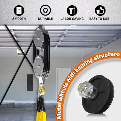YATOINTO Upgraded Rope Hoist Pulley System, 4400LBS Block and Tackle with 304 Stainless Steel Shackle 2PCS Lift Sling, 8:1 Power 65ft Heavy Duty Pulley Block for Lifting Garage Warehouses Building - color: black, size: UPGRADED-4wheels+2lift sling&1shackl