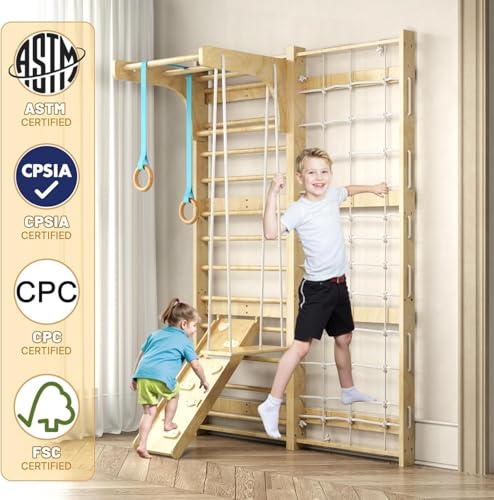 7-in-1 Swedish Ladder, Wooden Climbing Wall Ladder for Kids and Adults, Montessori Climber Playset with Pull-Up Bar, Indoor Climbing Gym, Kids Playground