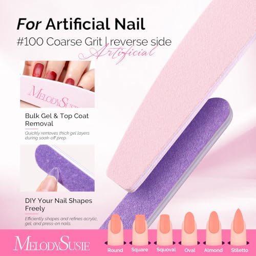 MelodySusie 7Pcs Nail Files 100/180 Grit Emery Boards Pink & Purple | 2 Standard 5 Mini Mixed-Shape, Double Sided, Acrylic Gel Natural Nails, Home and Salon Care - size: 7Pcs Half-moon Shape