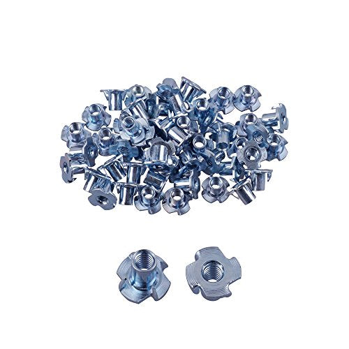 50Pcs 1/4"-20 Tee T-Nuts 4-Pronged Zinc Plated Steel, 7/16" Barrel Length | for Wood, Rock Climbing Holds, Cabinetry