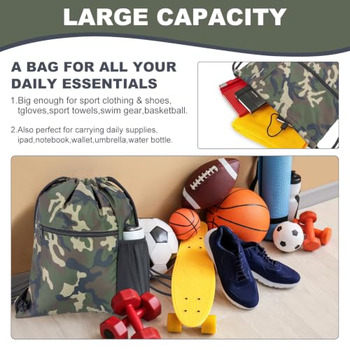 HOLYLUCK Men & Women Outdoor Sport Gym Sack Waterproof Drawstring Backpack Bag (Standard With Drawstring, Green Camo) - color: Green Camo, style: Standard With Drawstring