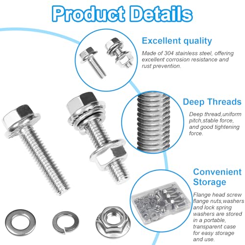 10 Sets 5/16-18 x 3/4" Flanged Hex Head Bolts Kits, 5/16-18 Flange Hexagon Screws and Nuts,Flat & Spring Lock Washers, 304 Stainless Steel 18-8,Fully Threaded - size: 5/16-18 x 3/4"