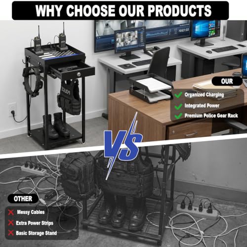 Police Gear Rack with Built-in Power Strip, Tactical Gear Organizer Stand for Duty Belt, Police Vest, Body Armor, Plate Carrier, Helmet Storage, Heavy Duty Gear Rack - size: Freestanding w/Combination Lock
