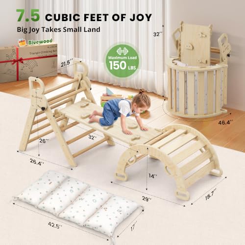 BlueWood Pikler Triangle Set with Cushion, Wooden Climbing Toys for Toddler | Foldable 8-in-1 Montessori Philosophy Toddler Climbing Toys Indoor with Reversible Ramp, Arch and Ladder - Natural Wood - color: Natural Wood