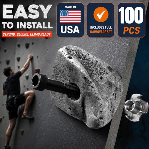100 Large Rock Climbing Holds with Hardware for Rock Wall Grips Made in USA | 100 Bolts and 100 T-Nuts for Rock Climbing Holds Indoor Outdoor Play Set, Garage Gym, Bouldering, Trees - Rocky Climbing Gear