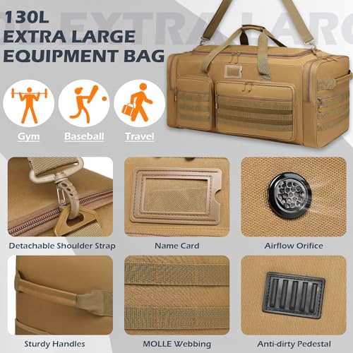 135L Extra Large Duffle Bag, Heavy Duty Sports Gym Travel Duffel Bag | for Basketball, Baseball, Hockey, Football, Helmets, and Pads - color: Brown