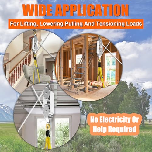 YATOINTO Rope Pulley Hoist 4400 LB, Pulley Block with 3/8" Shackle and 2PCS Lift Sling, 8:1 Lifting Power Block and Tackle Pulley System, 65ft Heavy Duty Rope Hoist for Garage Warehouse Constructions - color: White, size: UPGRADED-4wheels+2lift sling&1sha