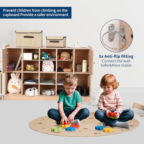 Garvee Mobile Storage Cabinet with 2 Cabinet Doors,Storage Cubby with 5 Anti-Flip Fittings, 4 Castors and 2 Boxes for Home,School,Kindergarten, Natural - size: 12 Cubbies with 2 doors