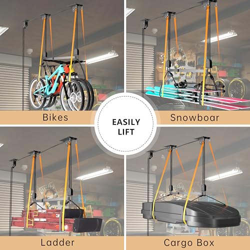 TRUSOON Kayak Hoist, Canoe Pulley for Garage Ceiling, 150 lbs, Black | Fits SUPs bikes ladders and cargo boxes, overhead space saver, heavy duty capacity, 2:1 mechanical advantage