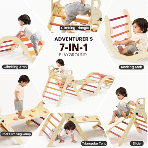 BlueWood Pikler Triangle Set, Toddler Climbing Toys Indoor 7in1 Foldable | Wooden Climber for Kids, Montessori Philosophy Play Jungle Gym with Arch, Ramp, Ladder (Farm Charm Autumn) - color: Farm Charm Autumn
