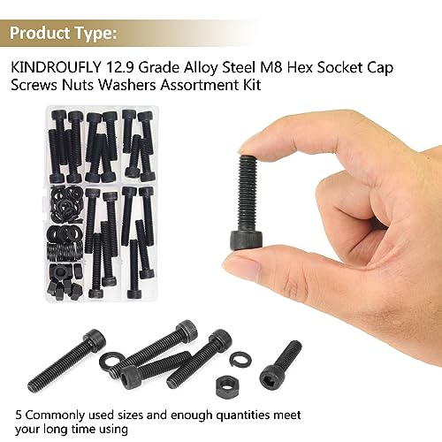 72 Pieces Black M8 x 30/35 /40/45 /50 mm Hex Socket Head Cap Screws Nuts Washers Assortment Kit, 12.9 Grade Alloy Steel - size: M8 x 30/35/40/45/50mm, style: Socket Head