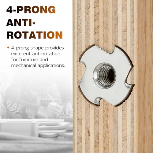 1/4"-20 T-Nuts 304 Stainless Steel, 4-Pronged Tee Nut 3/8" Barrel Length, T-Nut Wood Insert for Wood, Rock Climbing Holds, Furniture, Cabinetry, 50 PCS - color: SUS304 Stainless Steel