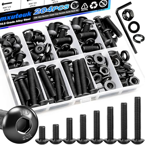 mxuteuk 204PCS M6 Screws,M6x8/10/12/16/20/25/30/35mm Hex Button Head Cap Bolts with Nuts & Washers,10.9 Grade Alloy Steel Black Zinc Screws Assortment Kit for 3D Printing,DIY - size: 204PCS M6, style: Hex Socket Button Head