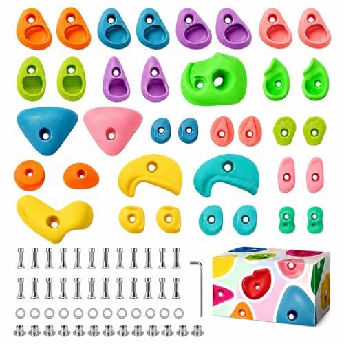 36 Pack Rock Climbing Holds with M10 Hardware, Textured Resin Wall Grips | Assorted shapes for route setting; fits garage & home gym wood walls; 230lb capacity; adult install required