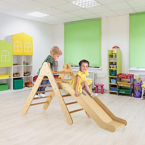 OLAKIDS Pikler Triangle Set 2 in 1 Climbing Toys for Toddlers Foldable Wood Montessori Baby Jungle Gym with Ladder Ramp Slide Kids Indoor Playground Activity Play Structure - color: Natural