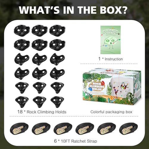 TOPNEW 18PCS Ninja Tree Climbing Holds and 6 Sturdy Ratchet Straps for Kids Tree Climbing, Large Climbing Rocks for Outdoor Ninja Warrior Obstacle Course Training - style: 18 Black Climbing Holds