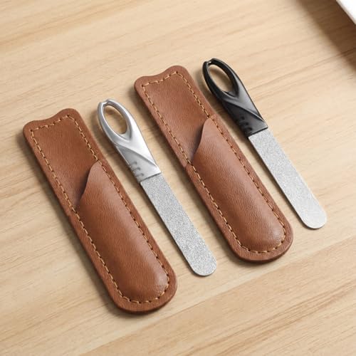 2 Pack Metal Nail File with Case, Stainless Steel Nail File for Men, Double Sided Metal Fingernail Files (Silver, Black)