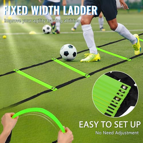 Fixed Rung Agility Ladder - 20ft 12 Rungs No Tangle Speed and Agility Training Equipment for Soccer Footwork Training with Carrying Bag/Ground Stakes for Adults Youth Kids - color: Green