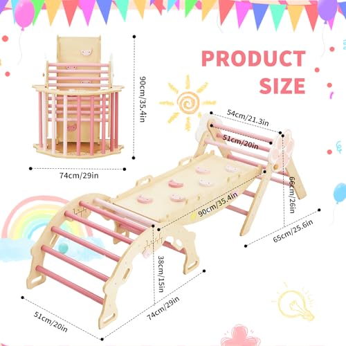 Takywep Pikler Triangle Set, 7-in-1 Foldable Pikler Triangle Climbing Toys Set with Arch & Ramp & Ladder, Indoor Playground Gym, Wooden Montessor Climbing Set for Kids Toddler - color: Pink-cat