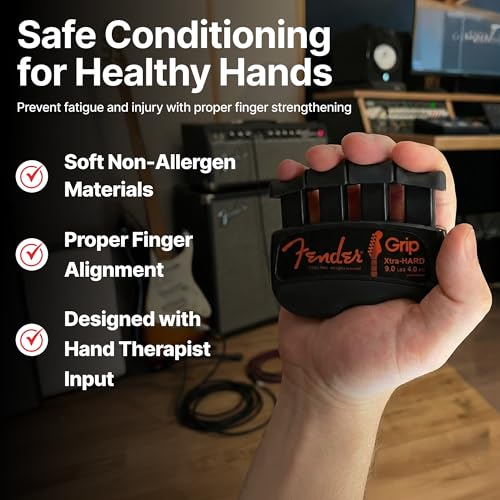 Fender GRIP Hand and Finger Exerciser – Best Ergonomic Finger Strengthener to improve play on all stringed instruments (Guitar, Bass, Violin, etc.) (Tensions: WHITE=5-Lbs; RED=7-Lbs; BLACK=9-Lbs) - color: Black