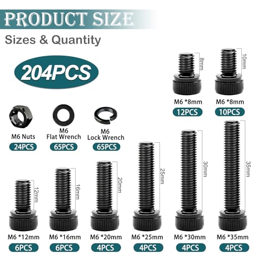 mxuteuk 204PCS M6 Screws,M6x8/10/12/16/20/25/30/35mm Hex Socket Head Cap Bolts with Nuts & Washers,12.9 Grade Alloy Steel Black Zinc Screws Assortment Kit for 3D Printing,DIY - size: 204PCS M6, style: Hex Socket Head