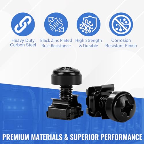 50 Pack M6 x 16mm Rack Mount Cage Nuts, Screws & Washers for Server Cabinet, Network Rack Accessories, Routers - Free Self-Locking Cable Ties