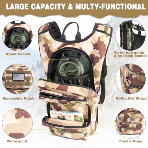Hydration Backpack, Tactical Molle Water with 3L TPU Water Bladder | Lightweight Military Hydration Daypack for Hiking, Running, Cycling, Climbing, Biking, 105 oz, Breathable Back Panel - color: Khaki Camouflage