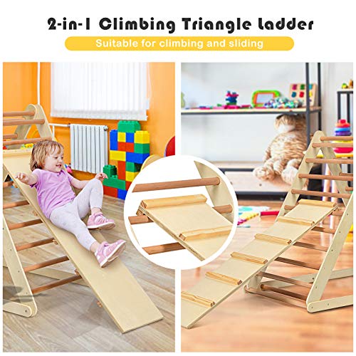 GLACER Wooden Climbing Triangle Ladder with Ramp, 2 in 1 Foldable Toddler Triangle Climber for Sliding & Climbing, Develop Strength, Balance and Motor Skills (Natural)
