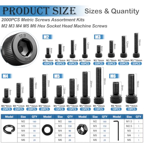 mxuteuk 2000PCS Metric Screw Assortment Kit,M6 M5 M4 M3 M2 Machine Screws,12.9 Carbon Steel Black Zinc Plated Hex Socket Head Cap Bolts Nuts and Washers Kit for 3D Printing DIY - size: 2000PCS M2 M3 M4 M5 M6, style: Hex Socket Head