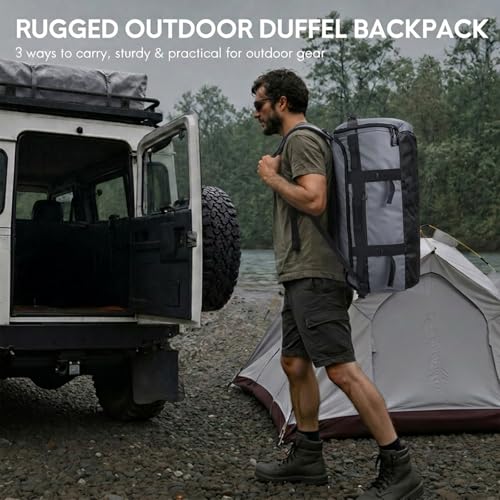Haimont Heavy Duty Convertible Travel Duffel Backpack, Grey, 90L | Shoe Compartment, Water-Resistant Tarpaulin, Wide U-Shaped Opening - color: Grey, size: 90L