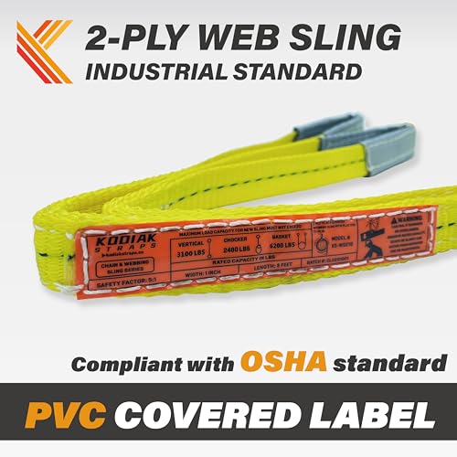 2-Ply Lifting Sling Straps 1”x 15ft - 3100lbs Vertical Capacity Heavy Duty Flat Eye Lift Sling, for Rigging Moving Towing Hoisting -2Pack - Kodiak Straps - color: 2 PACK, size: 1inch x 15ft