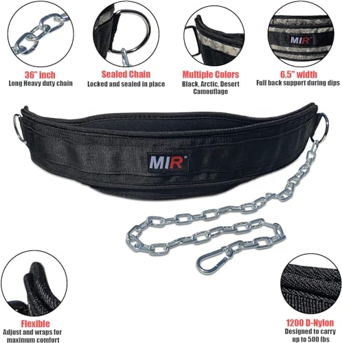 Mir Dip belt With 36" - 38" chain, 500lbs - 650lbs weight capacity, Weight lifting for dips and pullups - color: BLACK