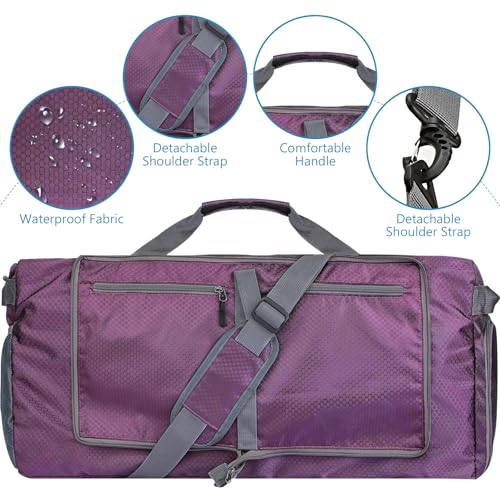60L Duffle Bag with Shoes Compartment - Foldable&Large Capacity Travel Duffel Bags, Lightweight & Water-Resistant Gym Bag - Purple - color: 60L-Purple