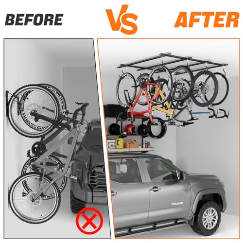 TORACK Ceiling Bike Rack for Garage, Ceiling-Mounted Bicycle Storage Hooks for 4 Bikes (Horizontal) or 8 Bikes (Vertical), Adjustable Overhead Bicycle Hooks for Mountain, Road, and Kids' Bike - style: 4 bikes horizontal