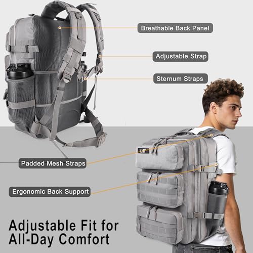 LHI Tactical Military Backpack for Men and Women 25L/35L Army Assault Pack Bag Small Rucksack with Bottle Holder - color: 50l-shoe Compartment(grey), size: Large