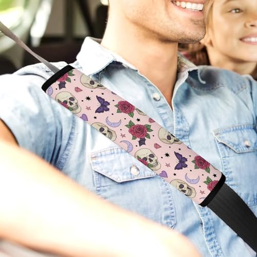 1 Pair Universal Soft and Comfortable Car Seat Belt Pad for Girls and Boys, Most Cars, Gothic Pink Skull Skeleton Rose Bat Harness Pads Strap, Neck and Shoulder Support - color: Pattern 467