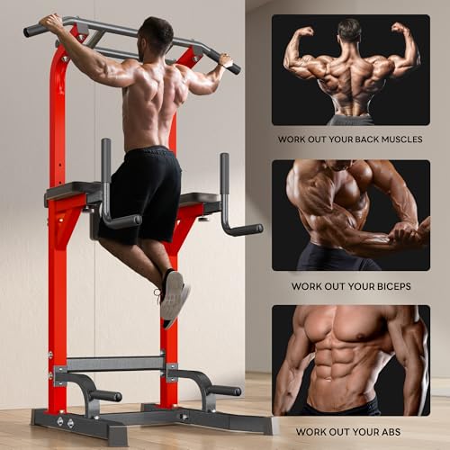 SogesPower Power Tower Pull Up Bar Station Multi-Function Dip Station | Adjustable Height Pull Up Dip Station Dip Bar Strength Training Fitness Equipment,Up to 500LBS - color: Red