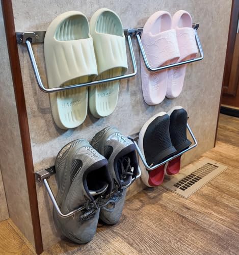 Foldable RV Shoe Rack Aluminum Wall Mounted Shoe Storage Solution | Orgainze Shoes Off Floor Reduce Clutter in Tight Camper Van, Slim Space Saver for Bedside/ Closet/ Trailer Entryway, 4 Pack