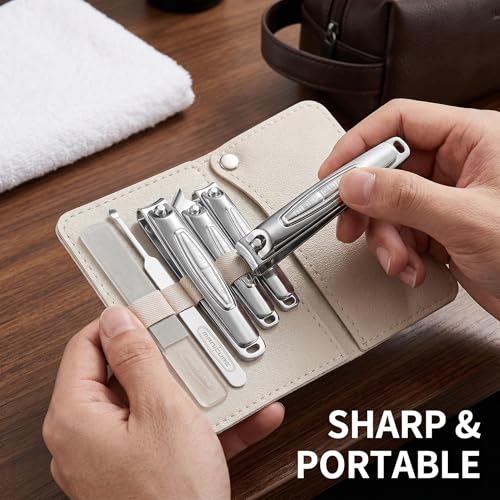 Nail Clippers for Men, 5pcs Professional Manicure Set with Sharp Slanted German Clippers, Stainless Steel Travel Pedicure Tools for Precise Hand Foot and Nail Grooming in Portable Leather Case
