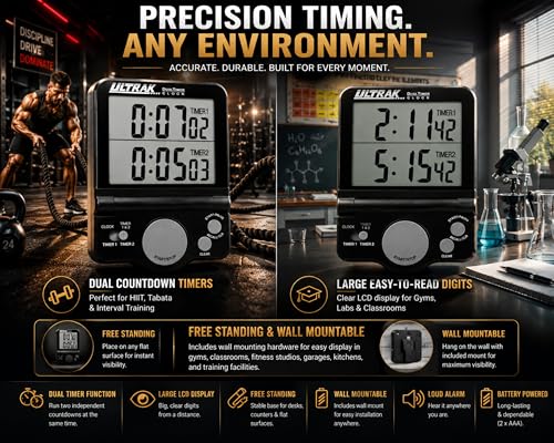 T-4 Jumbo Dual Timer – Large 1” Display Countdown & Count Up Timer, 24 Hour Range, Loud Alarm, Dual Memory, Wall Mount or Tabletop for Classroom, Gym, Office & Meetings