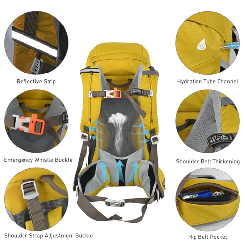 50L Hiking Camping Backpack for Men Women Lightweight Backpacking Back Pack | Waterproof Travel Outdoor Sport Climbing Daypack with Rain Cover - color: Yellow