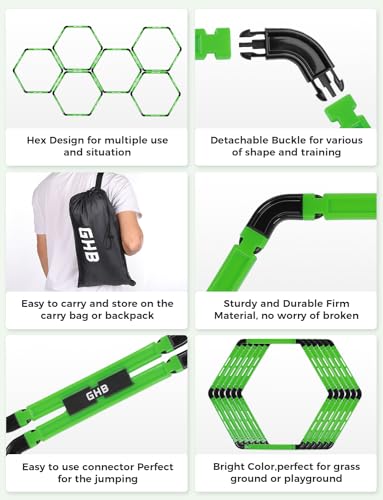 GHB Hex Agility Rings Speed Rings with Carrying Bag 6 Set Portable Hexagon Rings, Agility Ladder for Agility Footwork Training - color: Green
