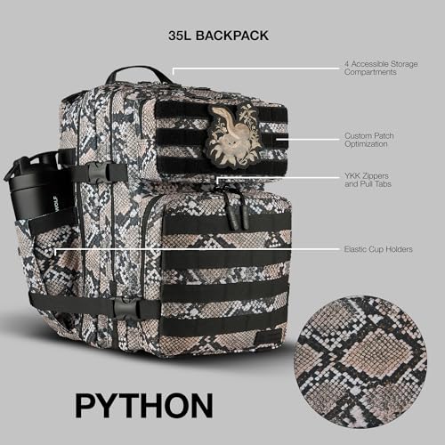 WOLFpak 35L Athletic Gym Backpack - Durable 1000D Waterproof Oxford Material with MOLLE Webbing, Laptop Pocket - color: Python