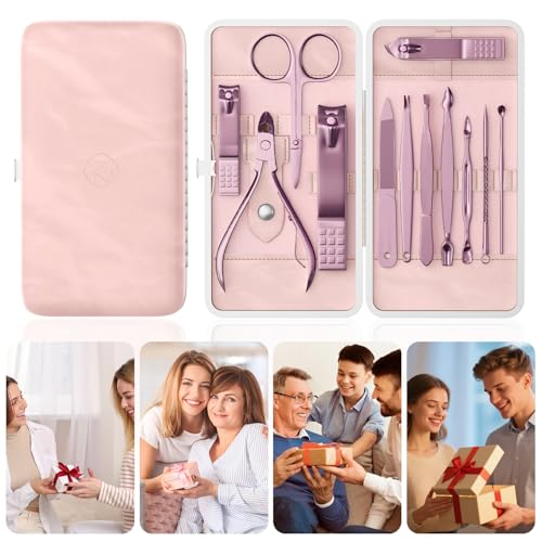 Manicure Set, Stainless Steel Nail Clipper Set with Travel Case | 12-Piece Set with Thicker Steel, Precision-ground Cutting Edges, and Smooth-finished Tools for Clean, Precise Trimming. - color: Rose Purple