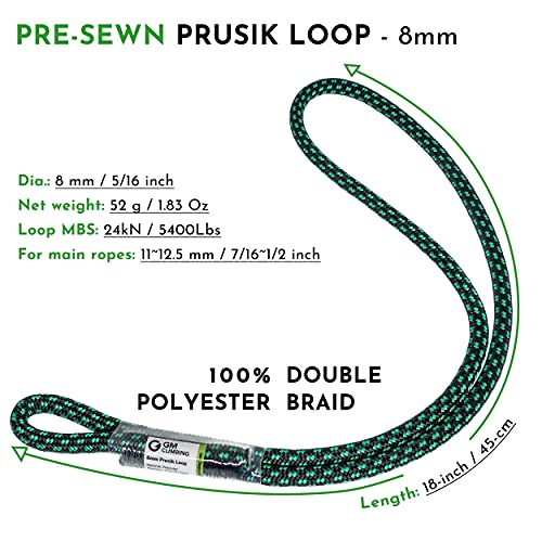 GM CLIMBING 8mm (5/16") Prusik Loop Pre-Sewn 18 inches / 24 inches - color: Black-18 Inch