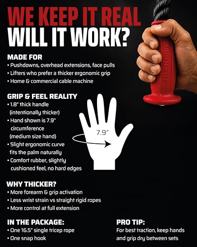 THEFITGUY Ergonomic Single Arm Tricep Rope Cable Attachment, 16.5” | Single-handle cable rope for pushdowns, hammer curls and face pulls, with wrist pressure relief and grip/forearm activation