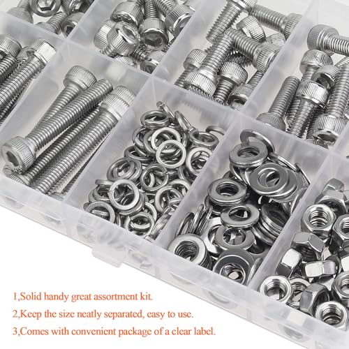 HELIFOUNER 212 Pieces M5 x 8mm /10mm /12mm /16mm /20mm /25mm /30mm, Hex Socket Head Cap Screws Bolts Washers Nuts Kit, 304 Stainless Steel - size: M5 Screw Kit (212 PCS)
