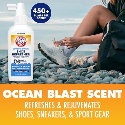Arm & Hammer Shoe Refresher Spray, Odor Eliminator for Sneakers, 24 Odor & Wetness Control, Aerosol-Free Shoe Deodorizer Spray, Ocean Blast Scent, 3.4 oz - size: 3.4 Ounce (Pack of 1)